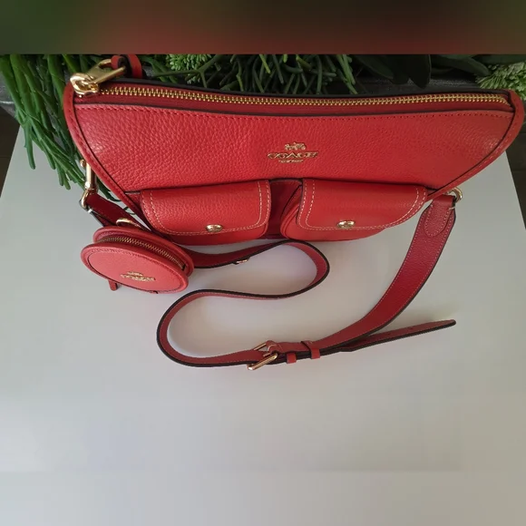 Coach Pennie Crossbody Bag With Coin Purse Mango Red Pebbled Leather-NWOT - Picture 4 of 14